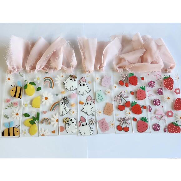 Artsy Strawberries Berry Print Bookmark Ribbon Bow Pink Coquette Bookish Gift - Picture 7 of 9